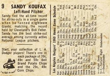1960 Bell Brand Los Angeles Dodgers #9 Sandy Koufax Back