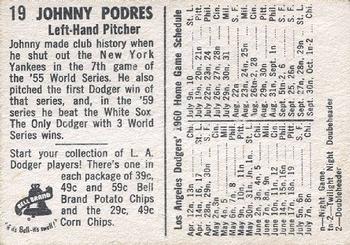 1960 Bell Brand Los Angeles Dodgers #19 Johnny Podres Back