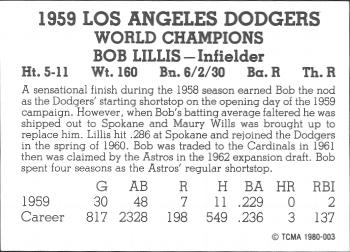 1980 TCMA 1959 Los Angeles Dodgers Black & White #003 Bob Lillis Back