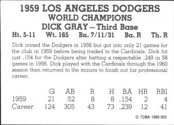1980 TCMA 1959 Los Angeles Dodgers Black & White #005 Dick Gray Back