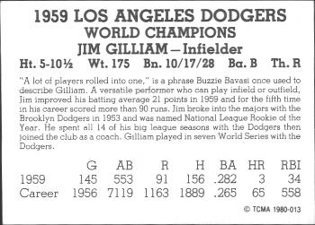 1980 TCMA 1959 Los Angeles Dodgers Black & White #013 Jim Gilliam Back