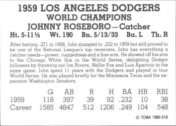 1980 TCMA 1959 Los Angeles Dodgers Black & White #018 Johnny Roseboro Back