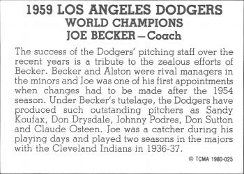 1980 TCMA 1959 Los Angeles Dodgers Black & White #025 Joe Becker Back