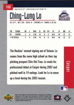2002 Upper Deck Minor League #168 Ching-Lung Lo Back