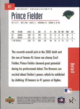 2002 Upper Deck Minor League #41 Prince Fielder Back