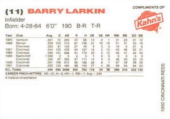 1992 Kahn's Cincinnati Reds #NNO Barry Larkin Back