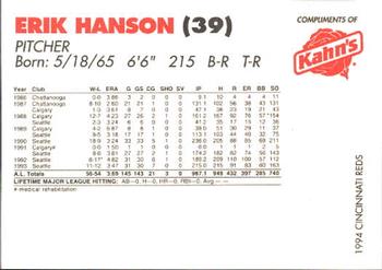 1994 Kahn's Cincinnati Reds #NNO Erik Hanson Back