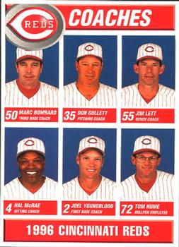 1996 Kahn's Cincinnati Reds #NNO Coaches (Marc Bombard / Don Gullett / Jim Lett / Hal McRae / Joel Youngblood / Tom Hume) Front