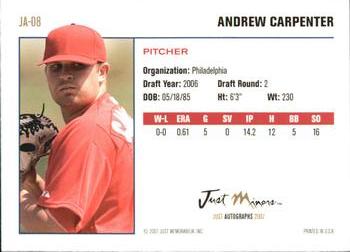 2007 Just Autographs #JA-08 Andrew Carpenter Back