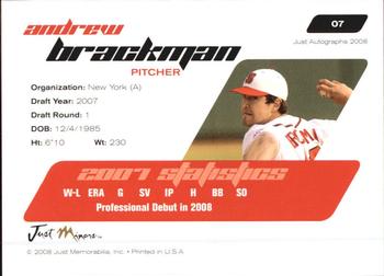2008 Just Autographs #07 Andrew Brackman Back