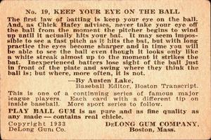 1933 DeLong Gum (R333) #19 Chick Hafey Back