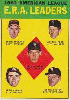 1963 Topps #6 1962 American League E.R.A. Leaders (Hank Aguirre / Robin Roberts / Whitey Ford / Dean Chance / Eddie Fisher) Front