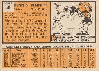 1963 Topps #56 Dennis Bennett Back