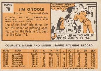 1963 Topps #70 Jim O'Toole Back