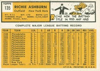 1963 Topps #135 Richie Ashburn Back