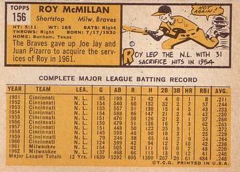 1963 Topps #156 Roy McMillan Back