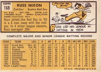 1963 Topps #168 Russ Nixon Back