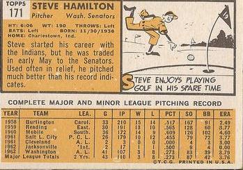 1963 Topps #171 Steve Hamilton Back
