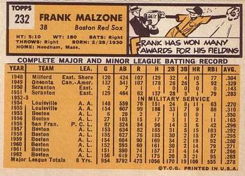 1963 Topps #232 Frank Malzone Back