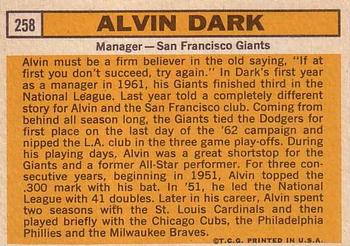 1963 Topps #258 Alvin Dark Back