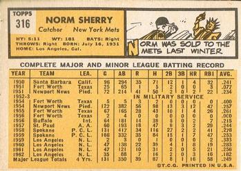 1963 Topps #316 Norm Sherry Back