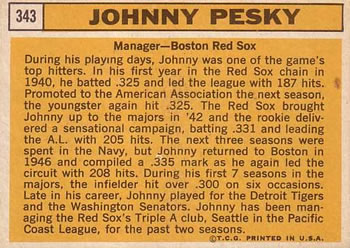 1963 Topps #343 Johnny Pesky Back