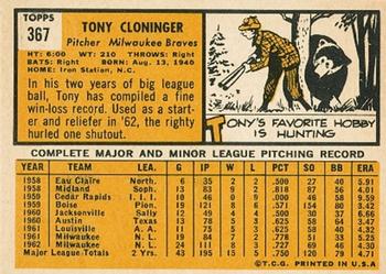 1963 Topps #367 Tony Cloninger Back