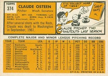 1963 Topps #374 Claude Osteen Back