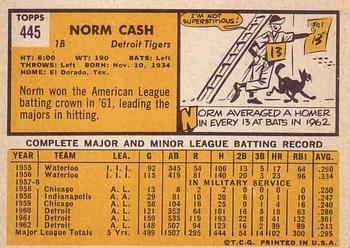 1963 Topps #445 Norm Cash Back