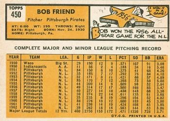 1963 Topps #450 Bob Friend Back