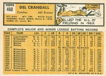 1963 Topps #460 Del Crandall Back