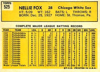 1963 Topps #525 Nellie Fox Back
