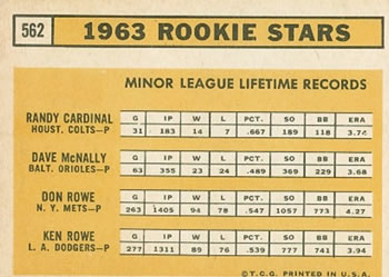 1963 Topps #562 1963 Rookie Stars (Randy Cardinal / Dave McNally / Don Rowe / Ken Rowe) Back