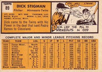 1963 Topps #89 Dick Stigman Back