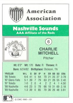 1990 CMC Nashville Sounds #6 Charlie Mitchell Back