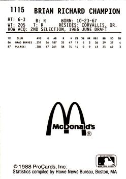 1988 ProCards #1115 Brian Champion Back