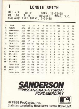 1988 ProCards #1 Lonnie Smith Back