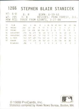 1988 ProCards #1266 Steve Stanicek Back
