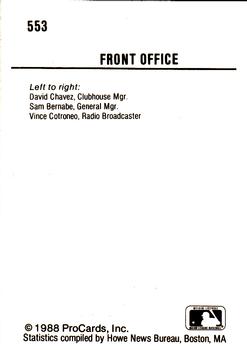 1988 ProCards #553 Iowa Cubs Front Office (David Chavez / Sam Bernabe / Vince Cotroneo) Back
