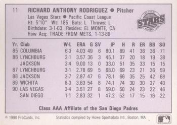 1990 ProCards AAA #11 Rich Rodriguez Back