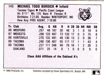 1990 ProCards AAA #145 Mike Bordick Back