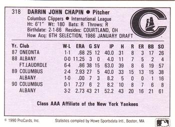 1990 ProCards AAA #318 Darrin Chapin Back