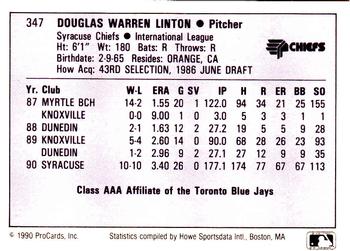 1990 ProCards AAA #347 Doug Linton Back