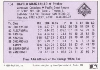 1990 ProCards AAA #164 Ravelo Manzanillo Back