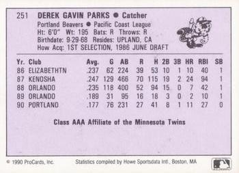1990 ProCards AAA #251 Derek Parks Back