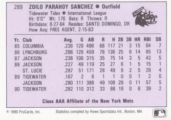 1990 ProCards AAA #289 Zoilo Sanchez Back