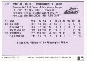 1990 ProCards AAA #308 Mickey Morandini Back