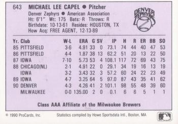 1990 ProCards AAA #643 Mike Capel Back