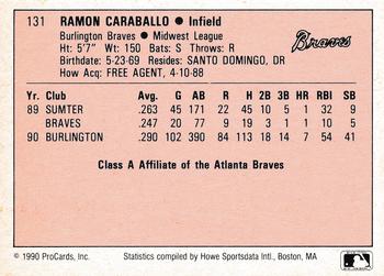 1990 ProCards A and AA #131 Ramon Caraballo Back