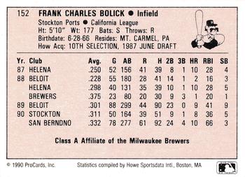 1990 ProCards A and AA #152 Frank Bolick Back
